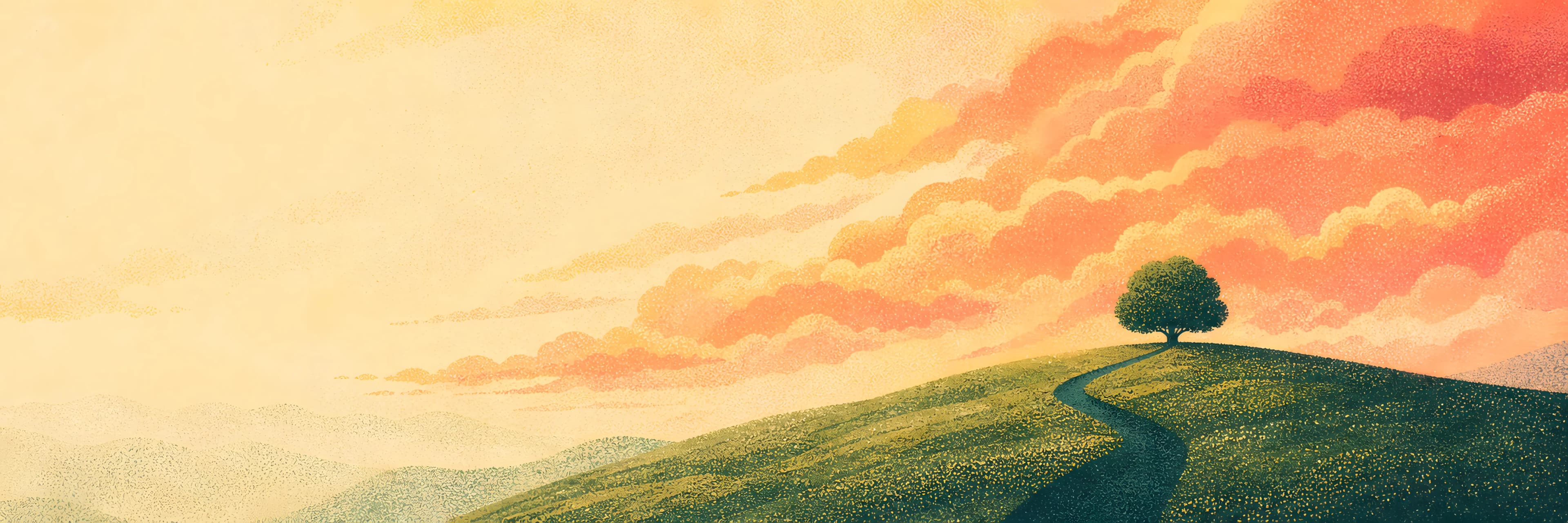 A dark path winding through a green hill toward a lone tree beneath warm clouds