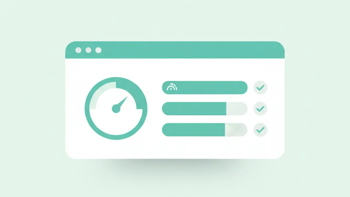 Browser window with a speed gauge and benchmark cards indicating improved responsiveness