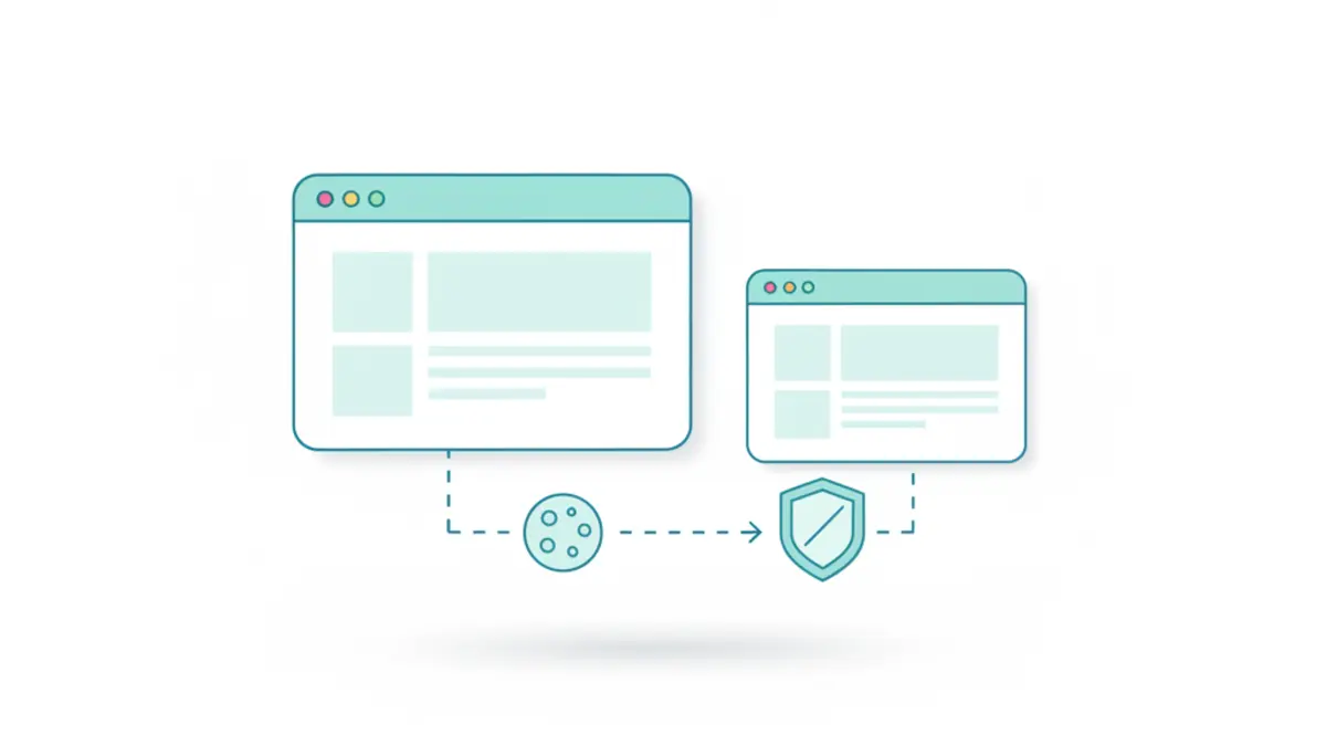 Two browser windows linked by a cookie icon with a privacy shield